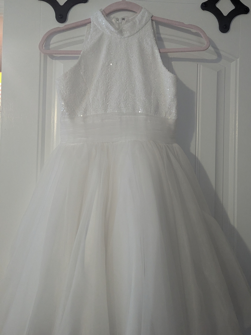 Girls White Sequin Halter Tulle Party Dress